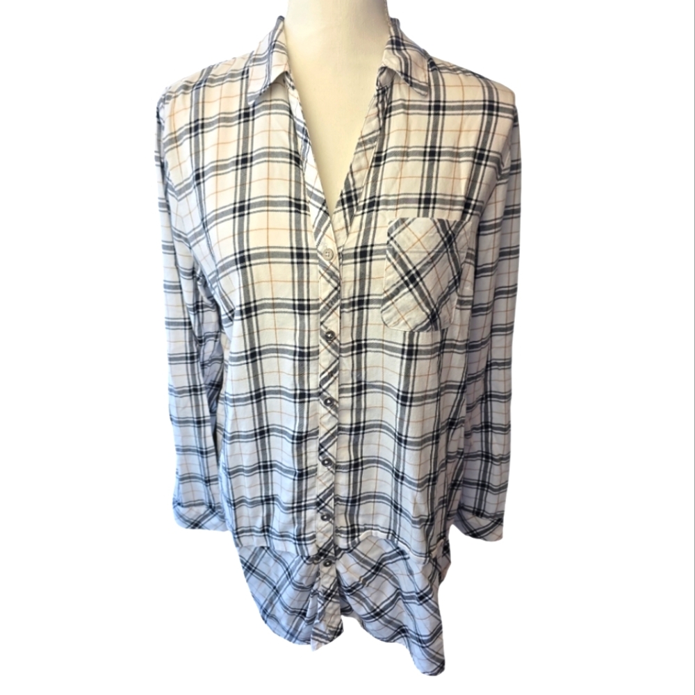J. Jill Plaid Tunic Size Medium Button Front 100% Cotton Collared V Neck